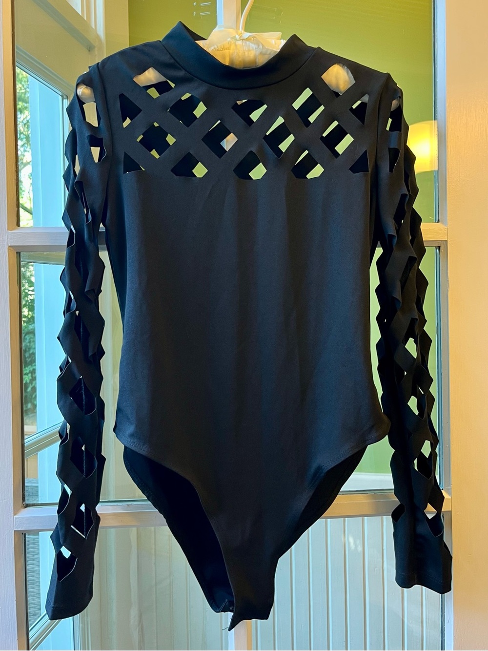 Mockneck Bodysuit Black Lattice Cutout Long-Sleeve One-Piece with Snaps